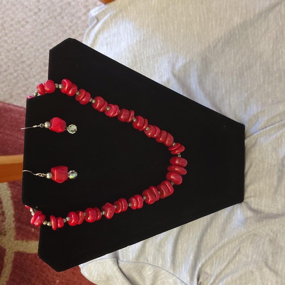 Coral Beaded Necklace With Matching Earrings